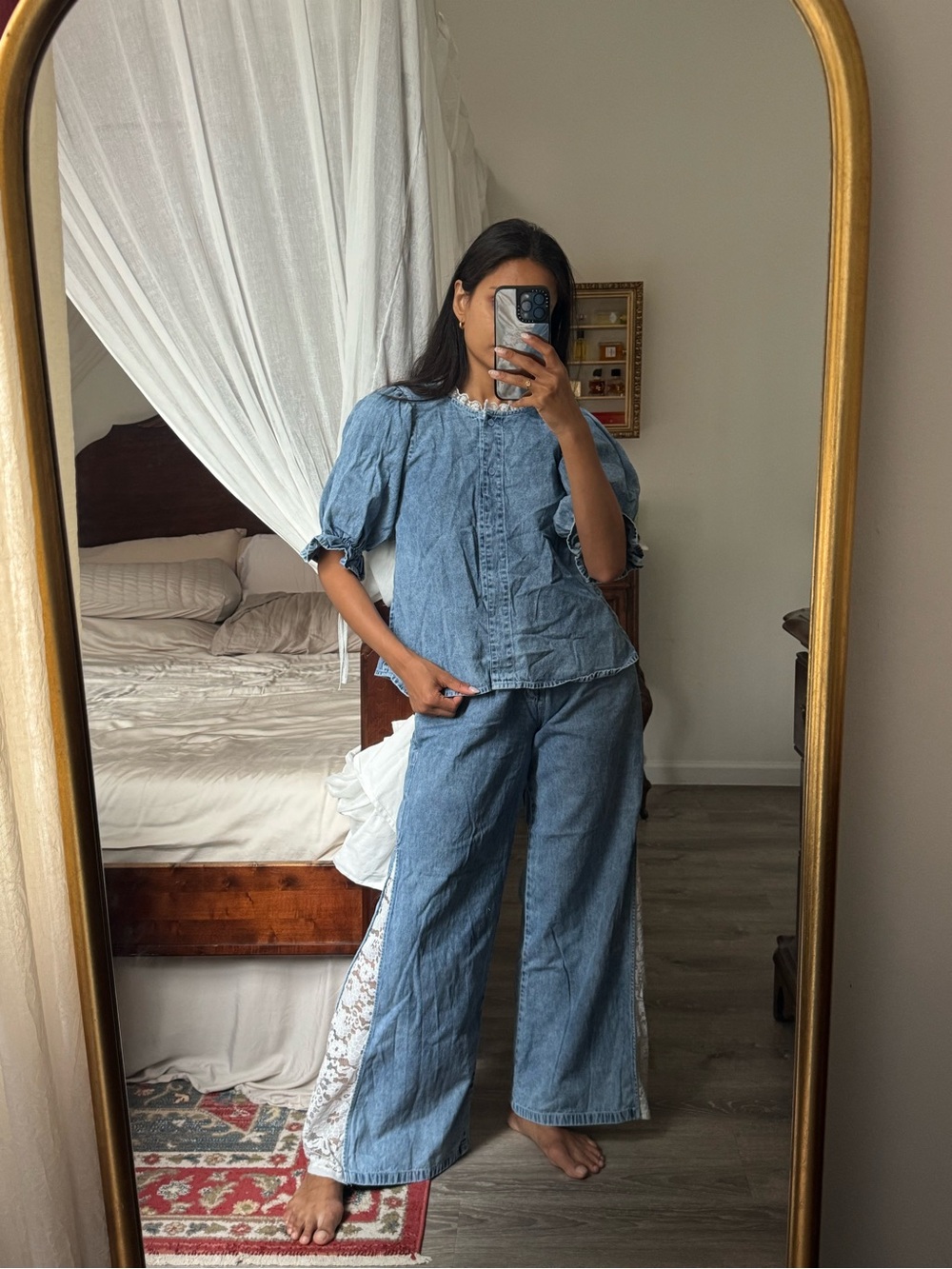 South Asian Designer Denim Lace Pants and Blouse Set - Blue